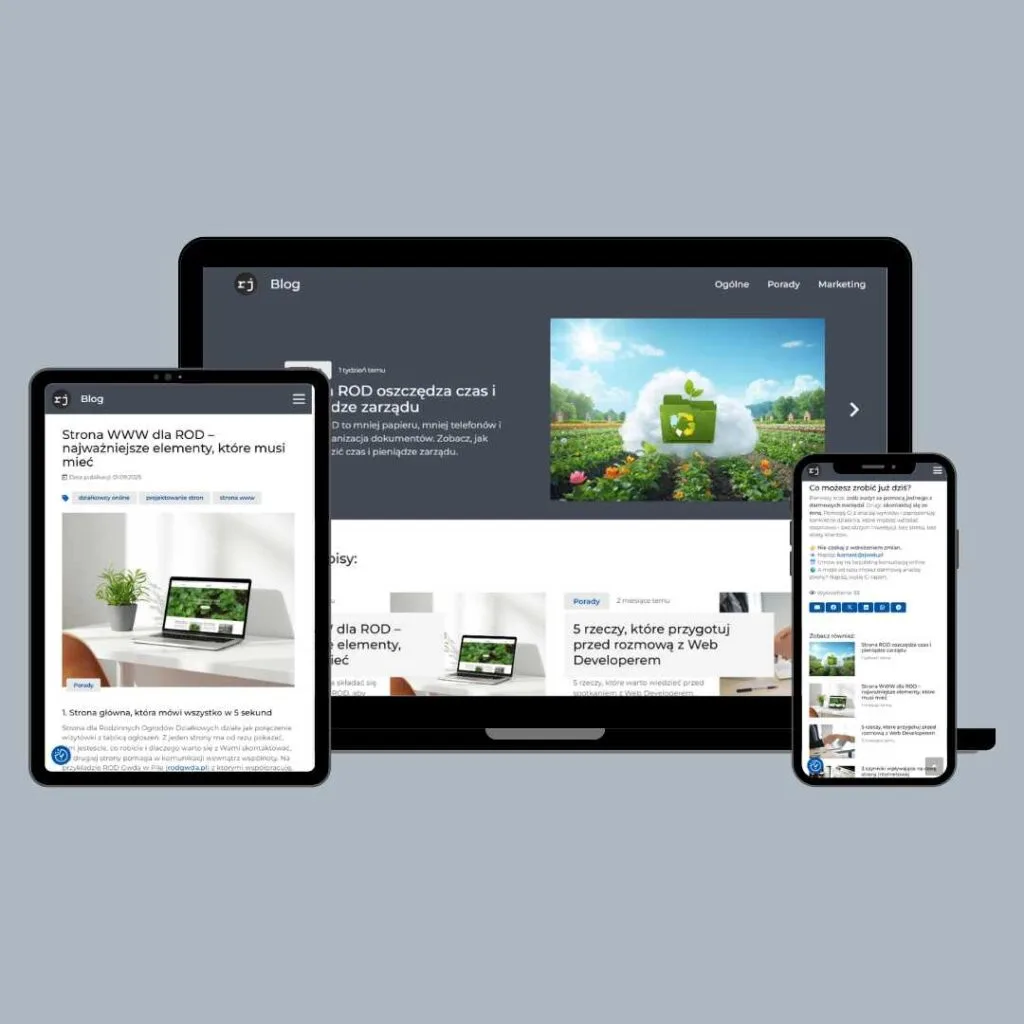 grafika poglądowa przedstawiająca stronę internetową Blog RJ Web Solutions na laptopie tableciei smartfonie