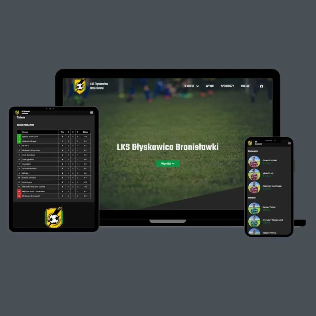 grafika poglądowa przedstawiająca stronę internetową bronislawki.pl na laptopie tableciei smartfonie