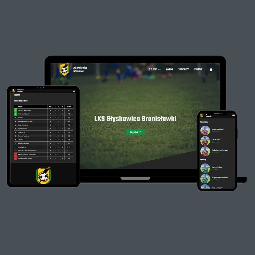 grafika poglądowa przedstawiająca stronę internetową bronislawki.pl na laptopie tableciei smartfonie