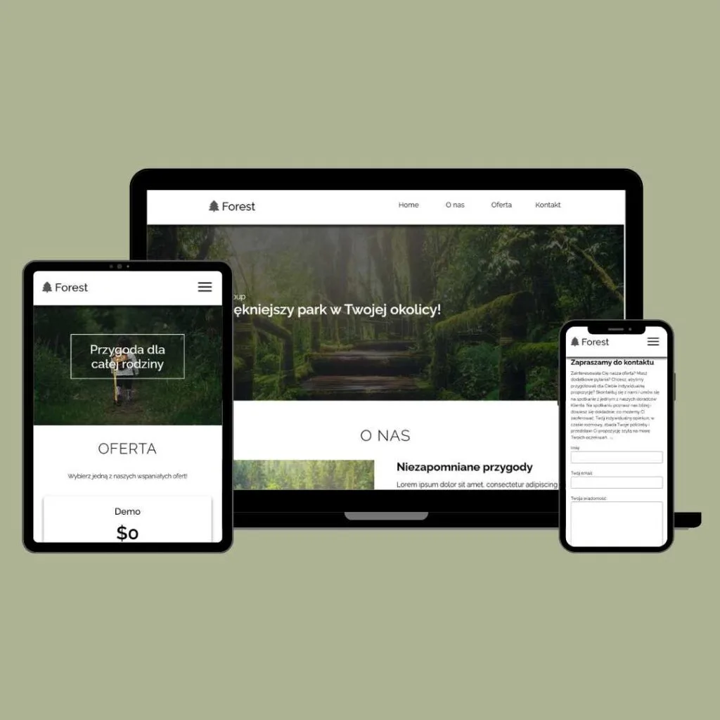 grafika poglądowa przedstawiająca stronę internetową Fores Group na laptopie tableciei smartfonie
