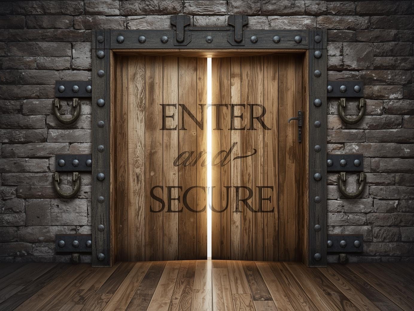 Grafika z otwartymi drzwiami do fortecy z napisem "Wejdź i zabezpiecz" prowadząca do linku.