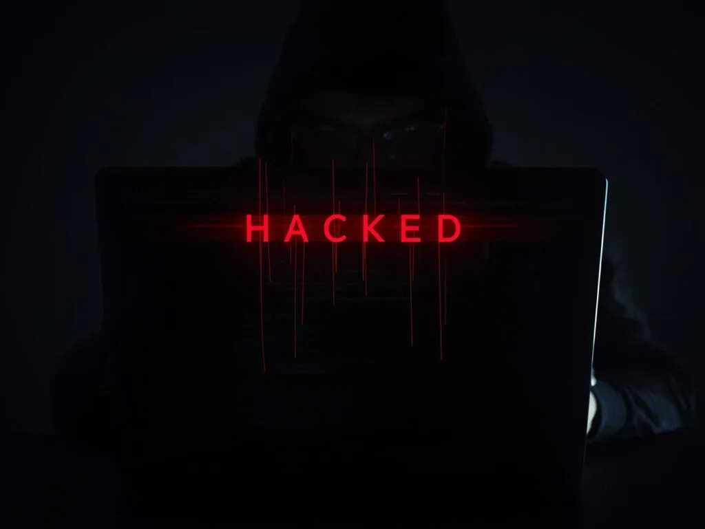 Mroczny kinowy kadr -ekran laptopa w polmroku z czerwonymi alertami HACKEDi kodem uciekającym jak krew W tle cien hakera w kapturze.