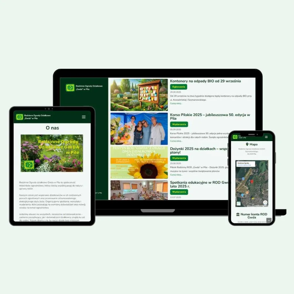 grafika poglądowa przedstawiająca stronę internetową rodgwda.pl na laptopie tableciei smartfonie