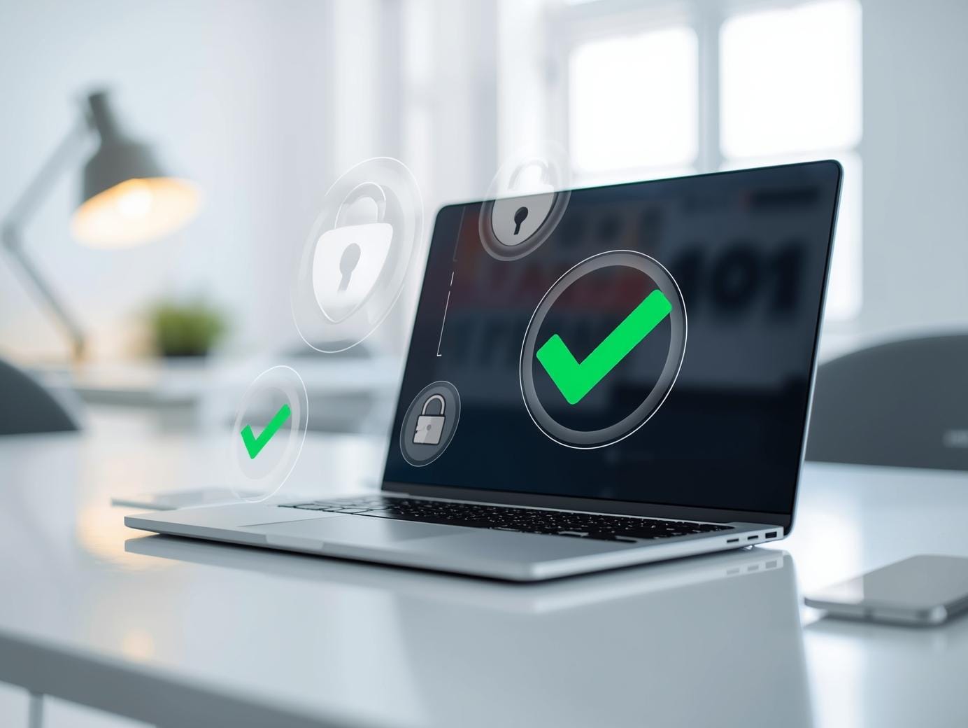 Zdjęcie laptopa z ikonami tarczy, kłódki, zielonymi checkmarkami na czystym biurku w jasnym pokoju