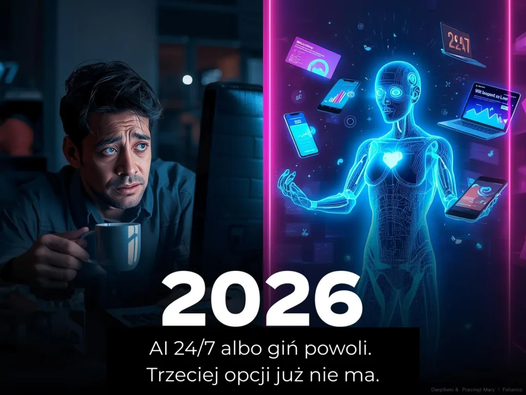 Split screen dramatyczny 50/50 – lewa strona retro i ciemna: sfrustrowany właściciel małej firmy w biurze z lat 2010, zegar pokazuje 23:58 sobota, smutna mina, zimne światło biurkowej lampki, szary filtr. Prawa strona futurystyczna 2026: ten sam przedsiębiorca teraz uśmiechnięty, neonowe oświetlenie, holograficzny chatbot AI odpowiada w 1,2 sekundy, pokazuje paczkę w drodze na żywo, wykres konwersji +47%, klient pisze 'super!', zielony filtr sukcesu, dynamiczne linie energii. Styl cyber-futurystyczny, wysoki kontrast, motyw, mocny, bezlitosny, inspirujący do działania