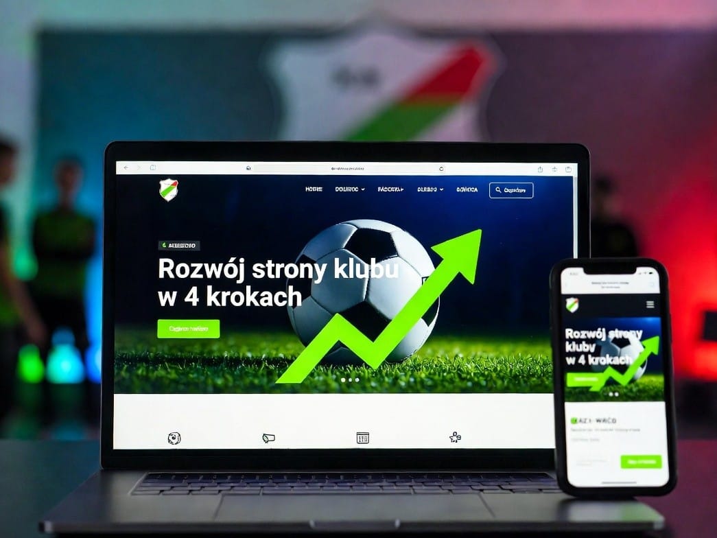 Nowe Energiczne kolory klubowe (np. zielono-białe lub niebiesko-czerwone) piłka nożna w tle nowoczesny design strony www widoczny na ekranie laptopa lub telefonu