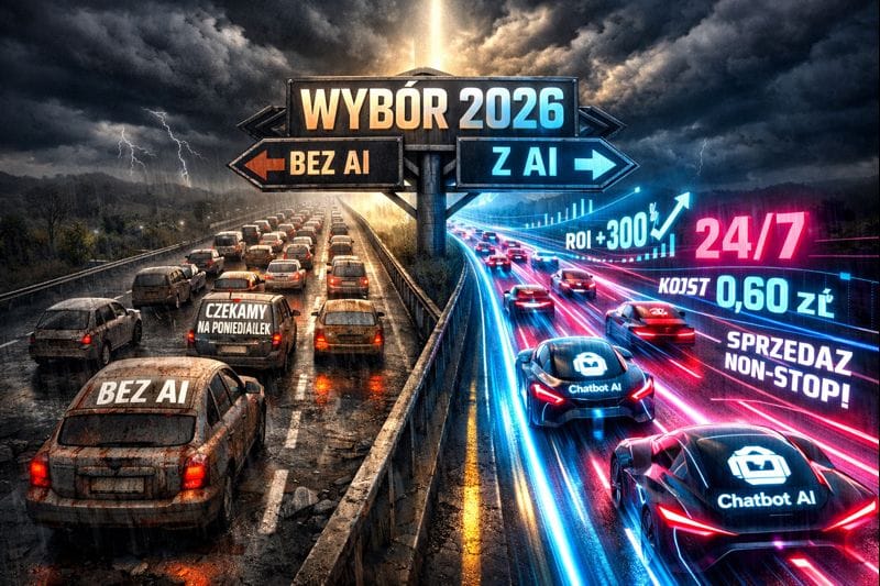 Widok z lotu ptaka na drogę przyszłości 2026 dwa pasy wszystkie auta jadą w jednakową stronę: lewy pas – wolne, zardzewiałe samochody z napisami 'Bez AI', 'Czekamy na poniedziałek', 'Koszt 120 zł/godz.', stoją w korku, szary i przygnębiający. Prawy pas – superszybka, neonowa autostrada z autami w stylu hyperfuturystycznym, na każdym aucie świeci logo chatbot AI, pędzi z prędkością światła, kolory electric blue, magenta, cyjan, smugi światła, wykresy ROI +300%, napisy '24/7', 'Koszt 0,60 zł', 'Sprzedaż non-stop'. W centrum drogi wielki rozwidlenie z napisem, dramatyczne chmury burzowe z tyłu, kinowe światło, ultra-dramatyczny styl sci-fi marketingowy, motywujący przez strach i ambicję, czcionka masywna i agresywna
