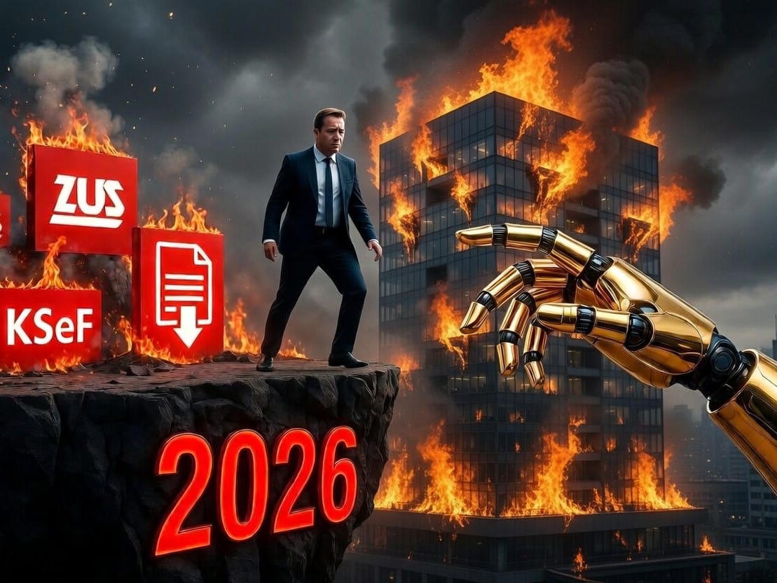 Nowoczesna ciemna ilustracja biznesowa 2026 polski przedsiębiorca w garniturze stoi na krawędzi urwiska z napisem 2026 w tle płonące ikony ZUS, KSeF, rachunek za prąd i czerwone strzałki w dół