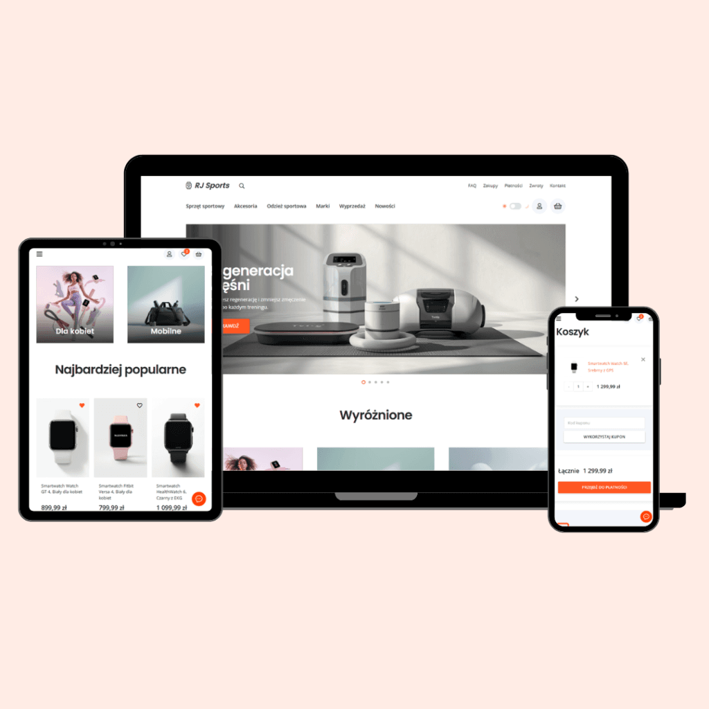 grafika poglądowa przedstawiająca stronę internetową RJ Sports na laptopie tablecie i smartfonie