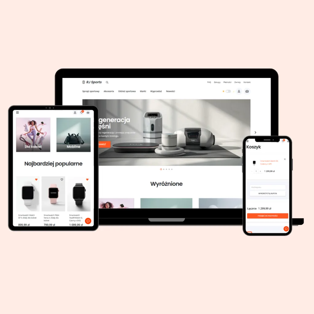 grafika poglądowa przedstawiająca stronę internetową RJ Sports na laptopie tablecie i smartfonie
