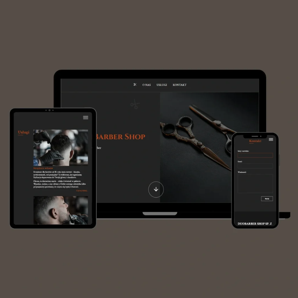 Strona internetowa DuoBarber Shop na trzech urządzeniach: komputer z hero sekcją i nożyczkami fryzjerskimi, tablet z ofertą usług strzyżenia, smartfon z formularzem kontaktowym