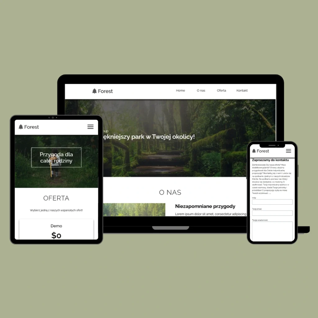 Strona internetowa Forest Group na trzech urządzeniach prezentująca ofertę parku rekreacyjnego: widok desktopowy z leśną aleją, tablet z cennikiem ofert i smartfon z formularzem kontaktowym