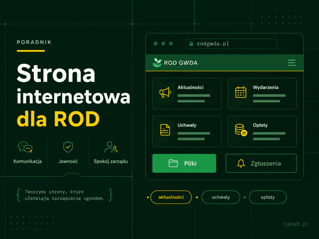 Poradnik „Strona internetowa dla ROD" — korzyści: komunikacja, jawność, spokój zarządu. Po prawej makieta strony ROD GWDA z sekcjami: Aktualności, Wydarzenia, Uchwały, Opłaty, Pliki, Zgłoszenia