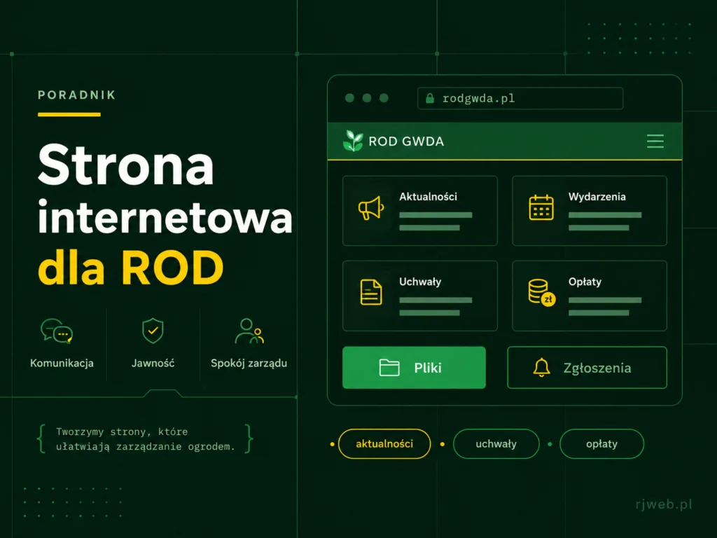 Poradnik „Strona internetowa dla ROD" — korzyści: komunikacja, jawność, spokój zarządu. Po prawej makieta strony ROD GWDA z sekcjami: Aktualności, Wydarzenia, Uchwały, Opłaty, Pliki, Zgłoszenia