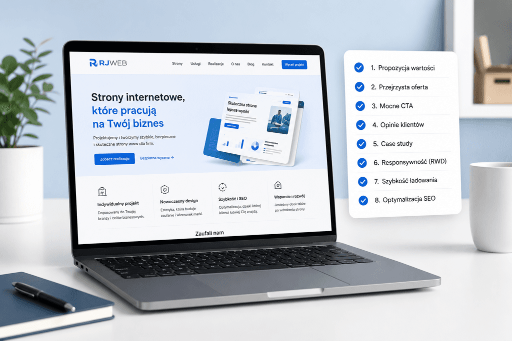 Nowoczesna strona firmowa na ekranie laptopa z checklistą 8 najważniejszych elementów skutecznej witryny