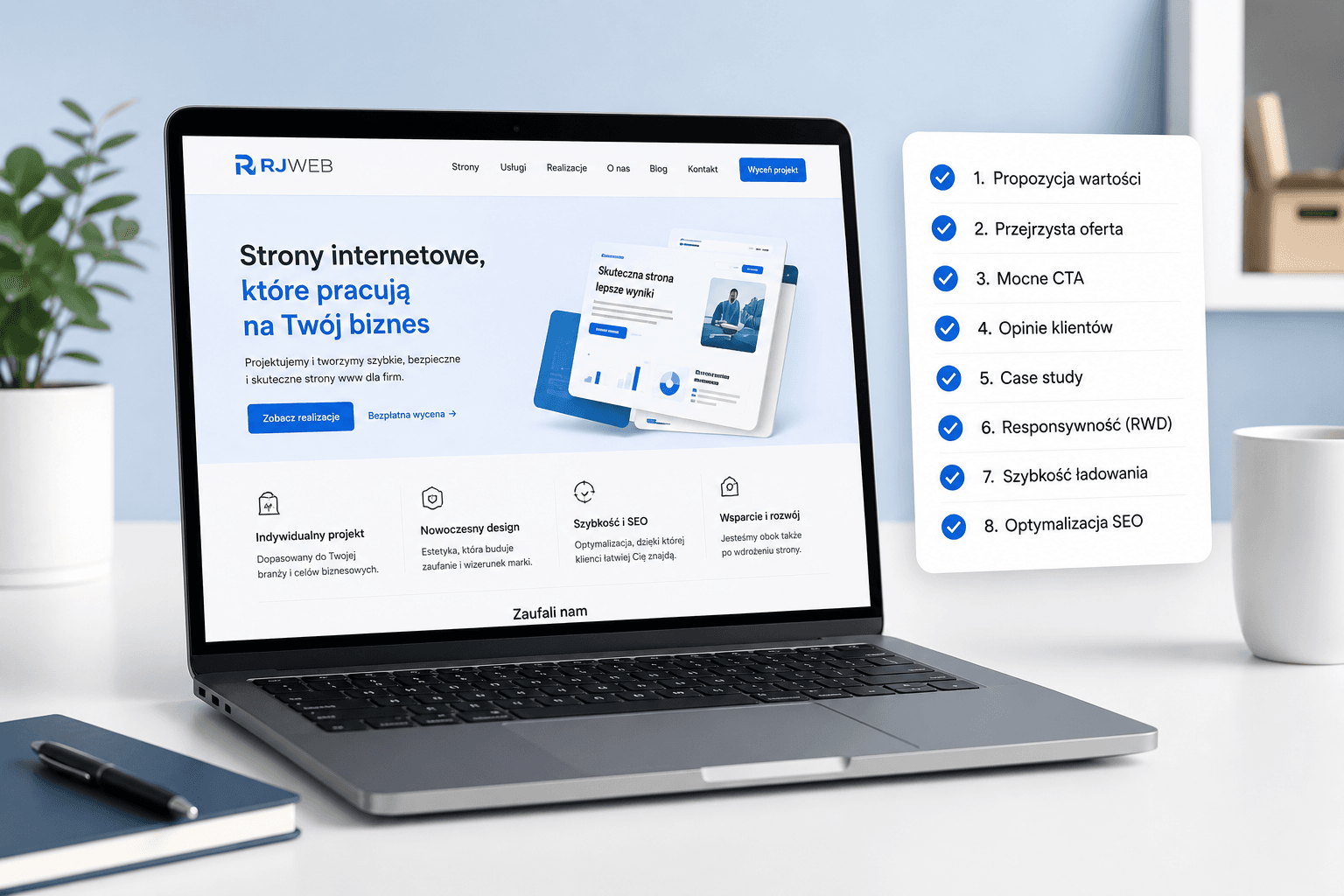Nowoczesna strona firmowa na ekranie laptopa z checklistą 8 najważniejszych elementów skutecznej witryny