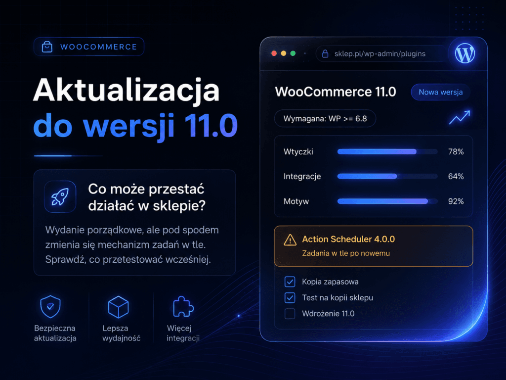 Aktualizacja WooCommerce do wersji 11.0 – panel administracyjny sklepu, kompatybilność wtyczek i checklista wdrożenia.