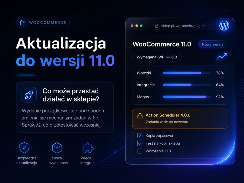 Aktualizacja WooCommerce do wersji 11.0 – panel administracyjny sklepu, kompatybilność wtyczek i checklista wdrożenia.