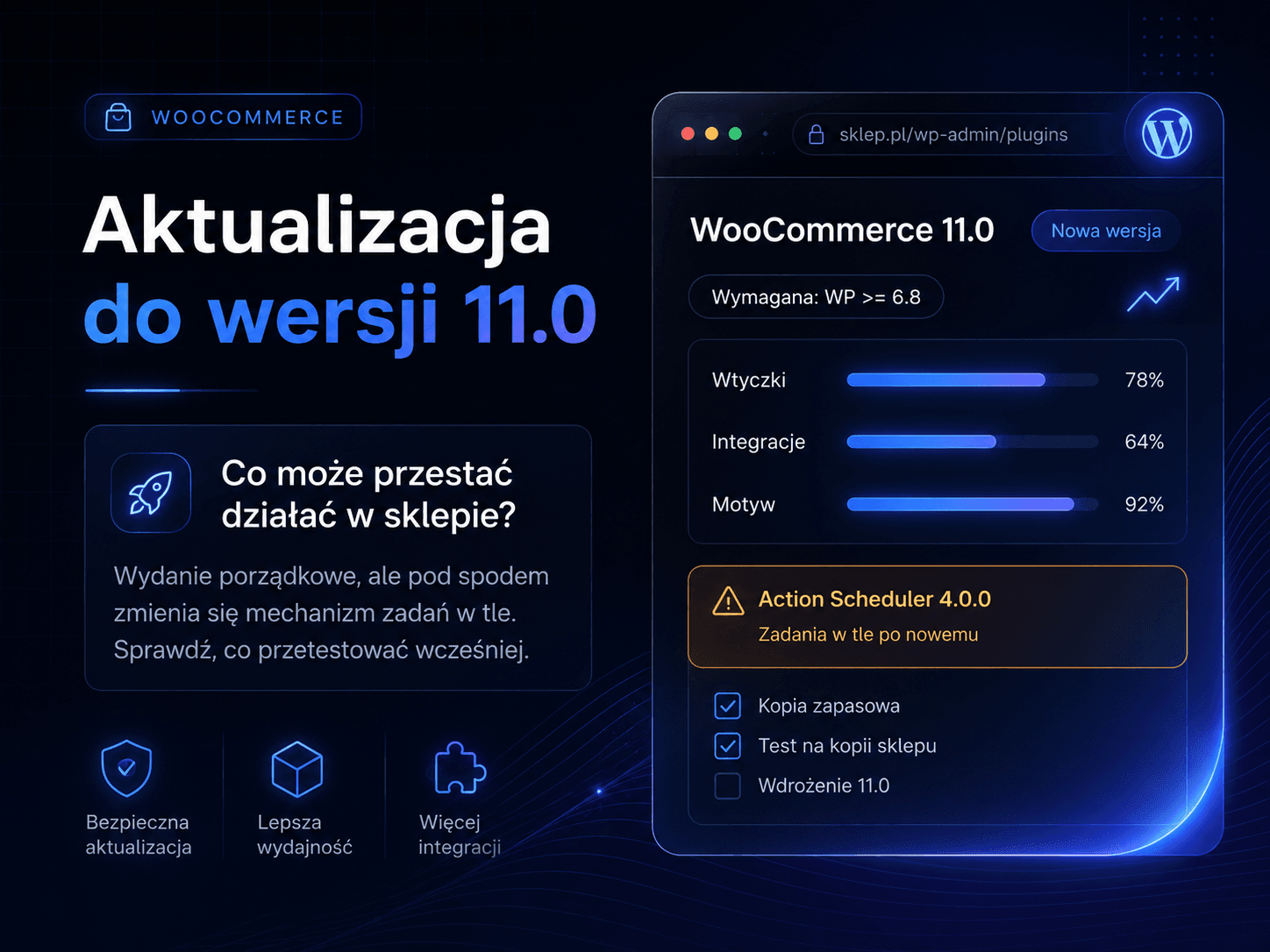 Aktualizacja WooCommerce do wersji 11.0 – panel administracyjny sklepu, kompatybilność wtyczek i checklista wdrożenia.