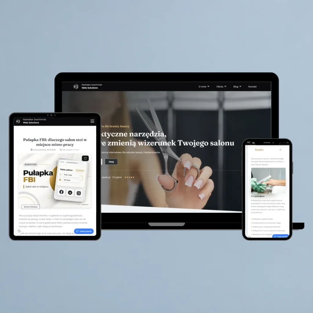Strona rjweb.pl dla salonów beauty na laptopie, tablecie i telefonie: hero z nożyczkami, wpis Pułapka FBI i pakiet Studio