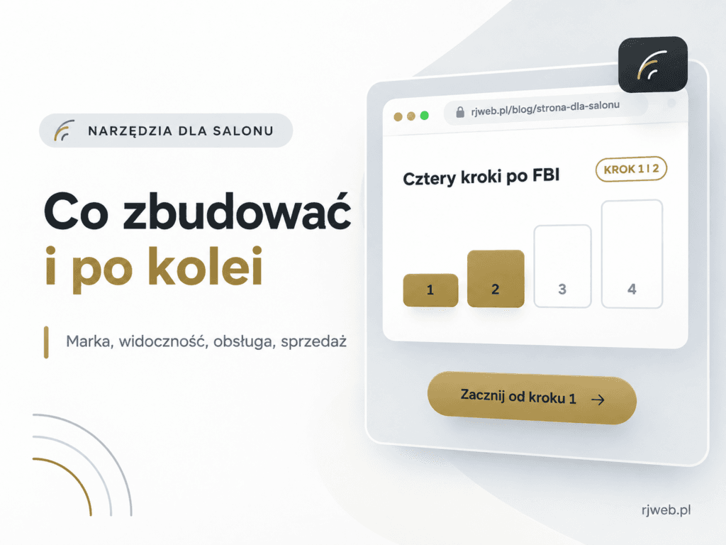 Grafika z napisem Co zbudować i po kolei, linią Marka, widoczność, obsługa, sprzedaż i czterema stopniami, dwa pierwsze złote